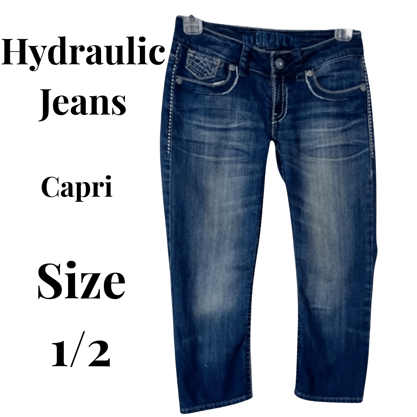 Blue capri jeans with 'Hydraulic Jeans' branding on a transparent background