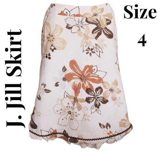 Floral skirt with brown and orange flowers on a white background, labeled 'J. Jill Skirt' and 'Size 4'.
