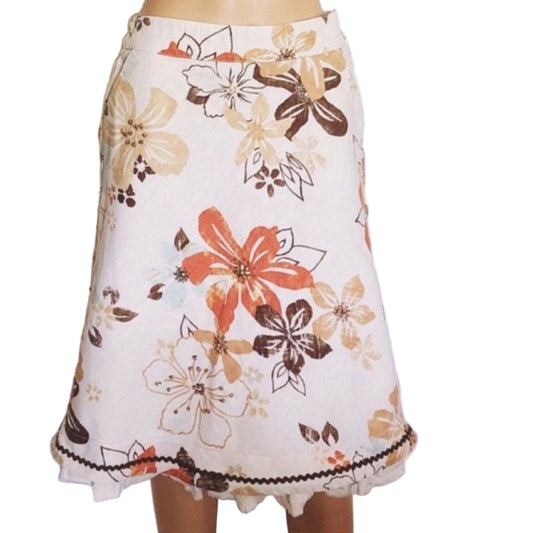 Floral skirt on a mannequin with a brand logo in the corner