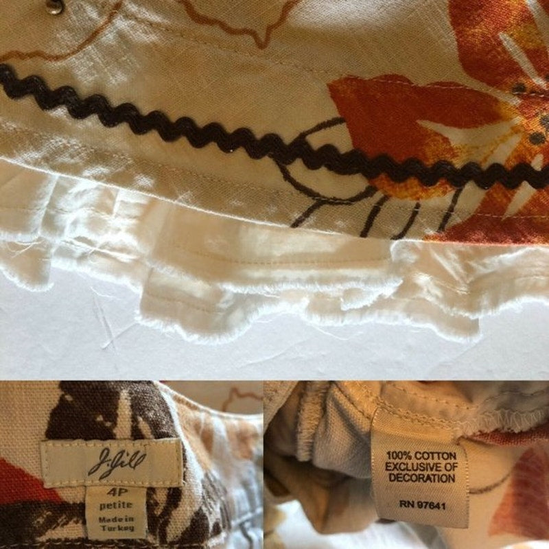Close-up of a floral-patterned fabric with a label on a white background