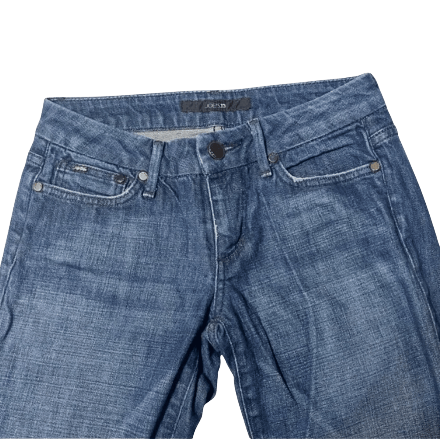 Blue jeans with a brand label on a transparent background