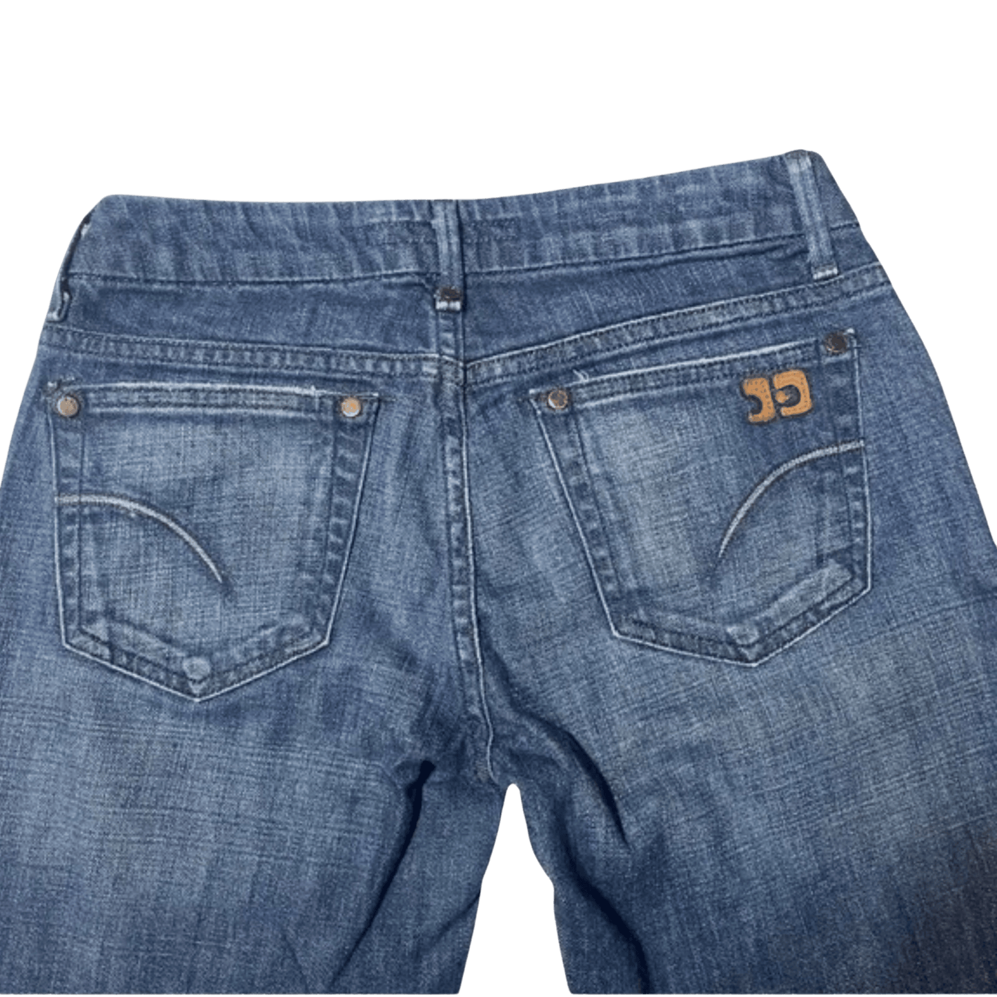 Blue jeans with a brand logo on the back pocket against a transparent background