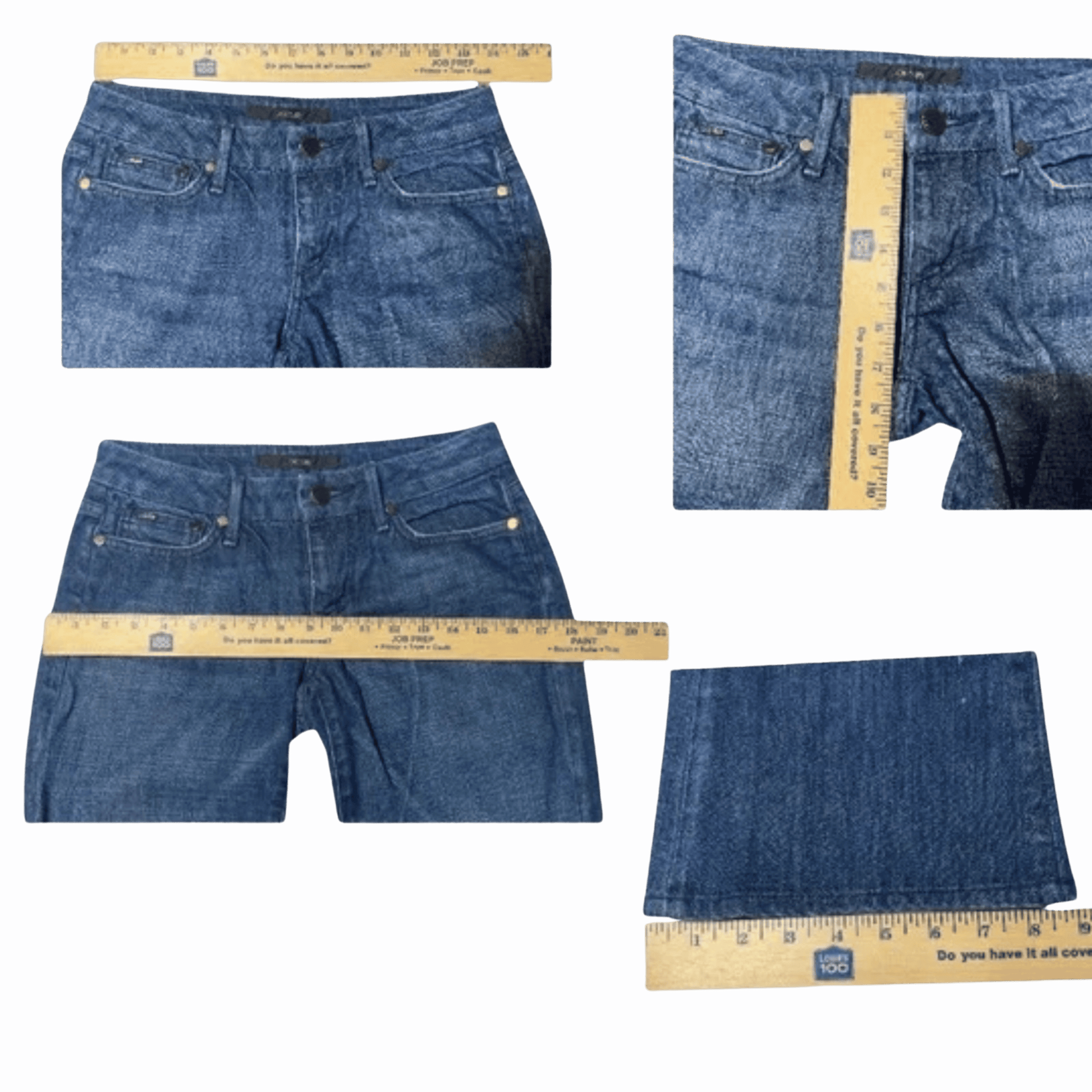 Collage of blue jeans with a ruler for size reference on a purple background