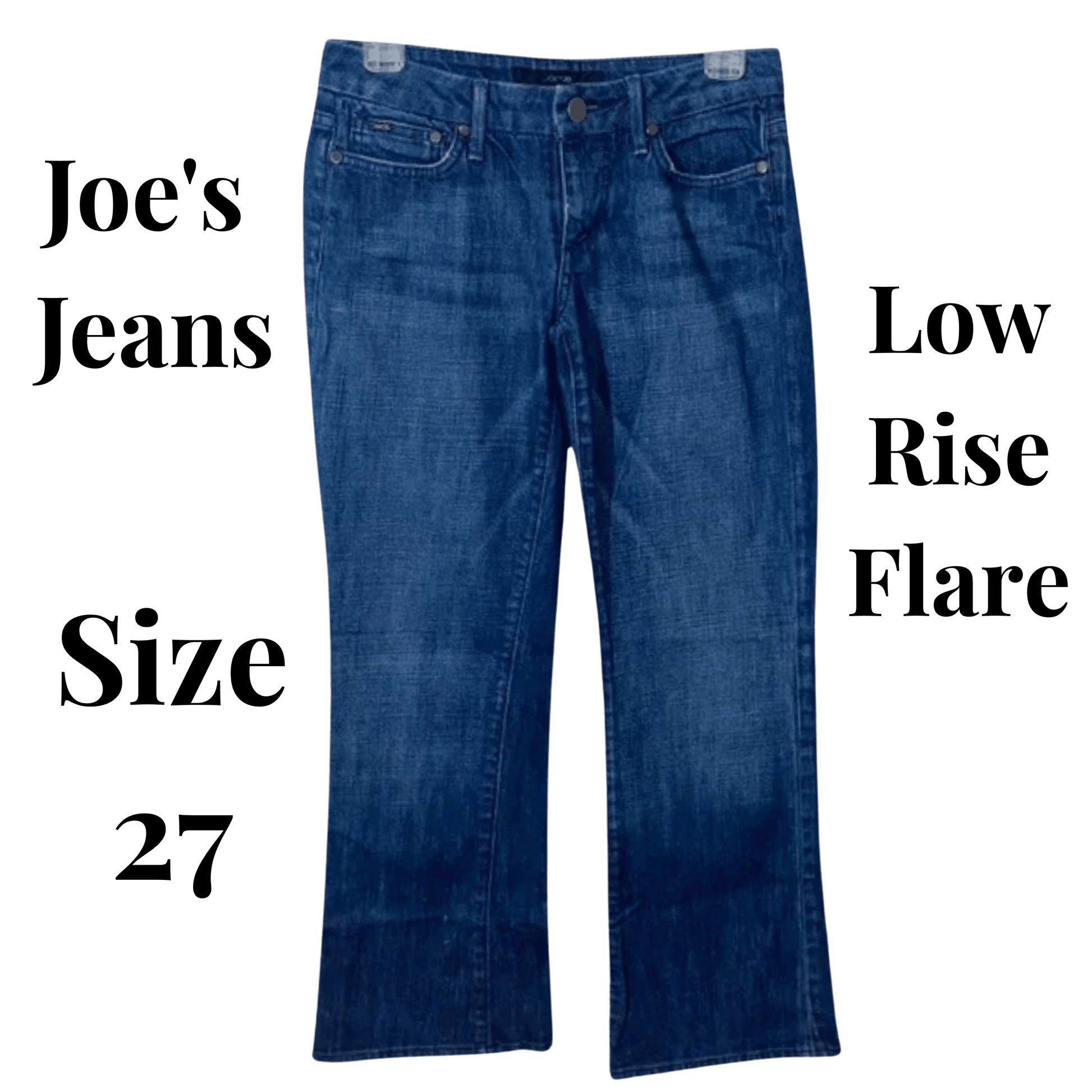 Blue jeans with text indicating brand, style, and size on a green background