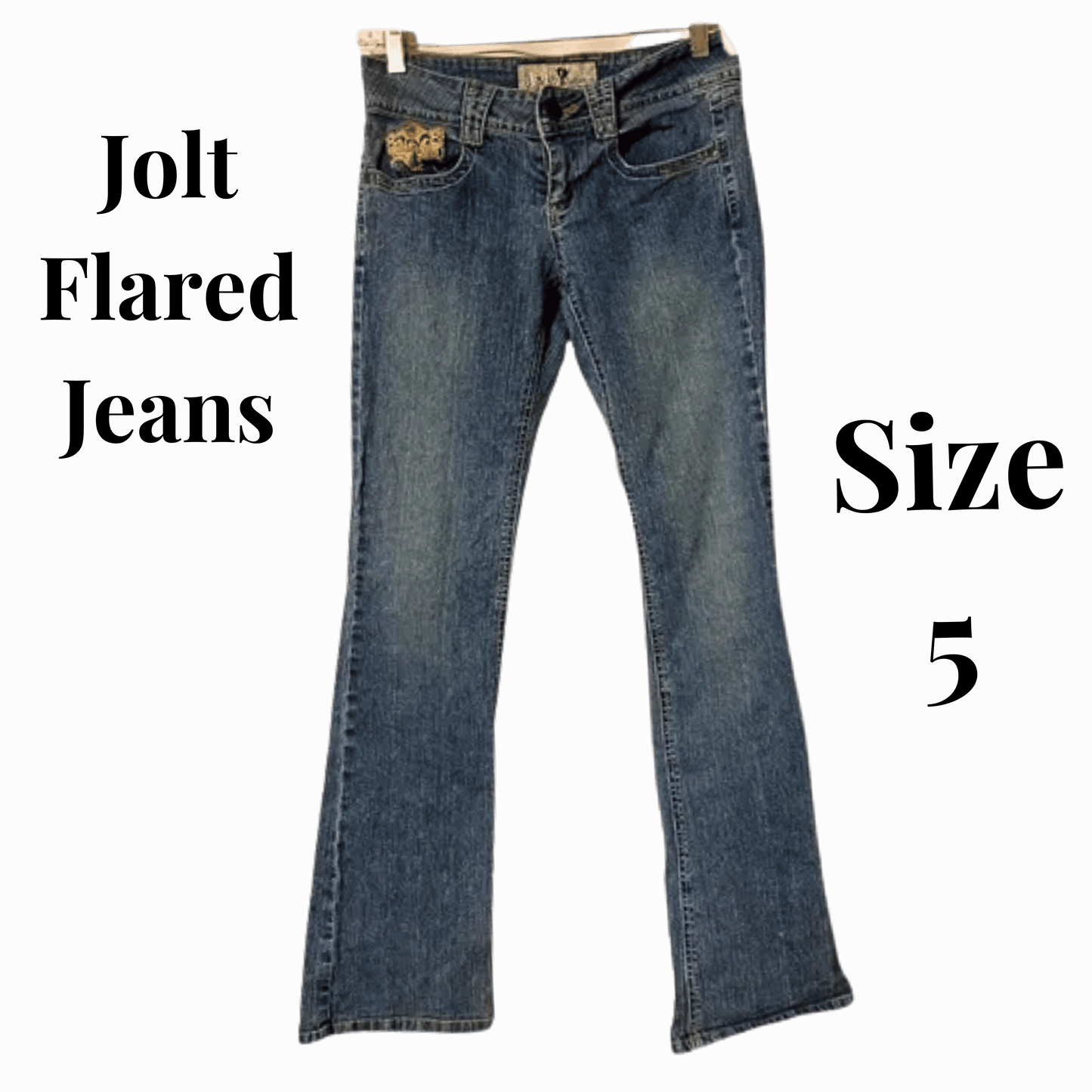 Jolt flared jeans on a gray background with text indicating size 5.