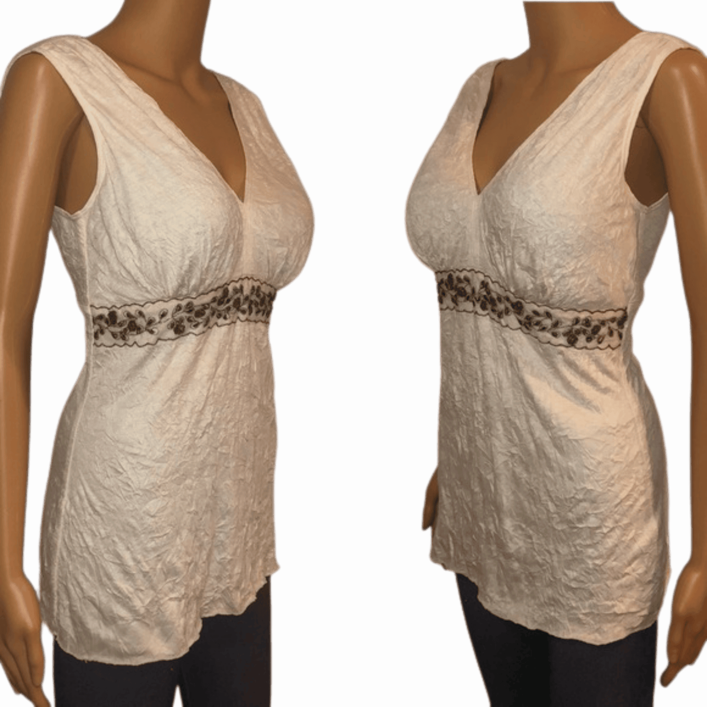 White sleeveless top with leopard print trim on a green background