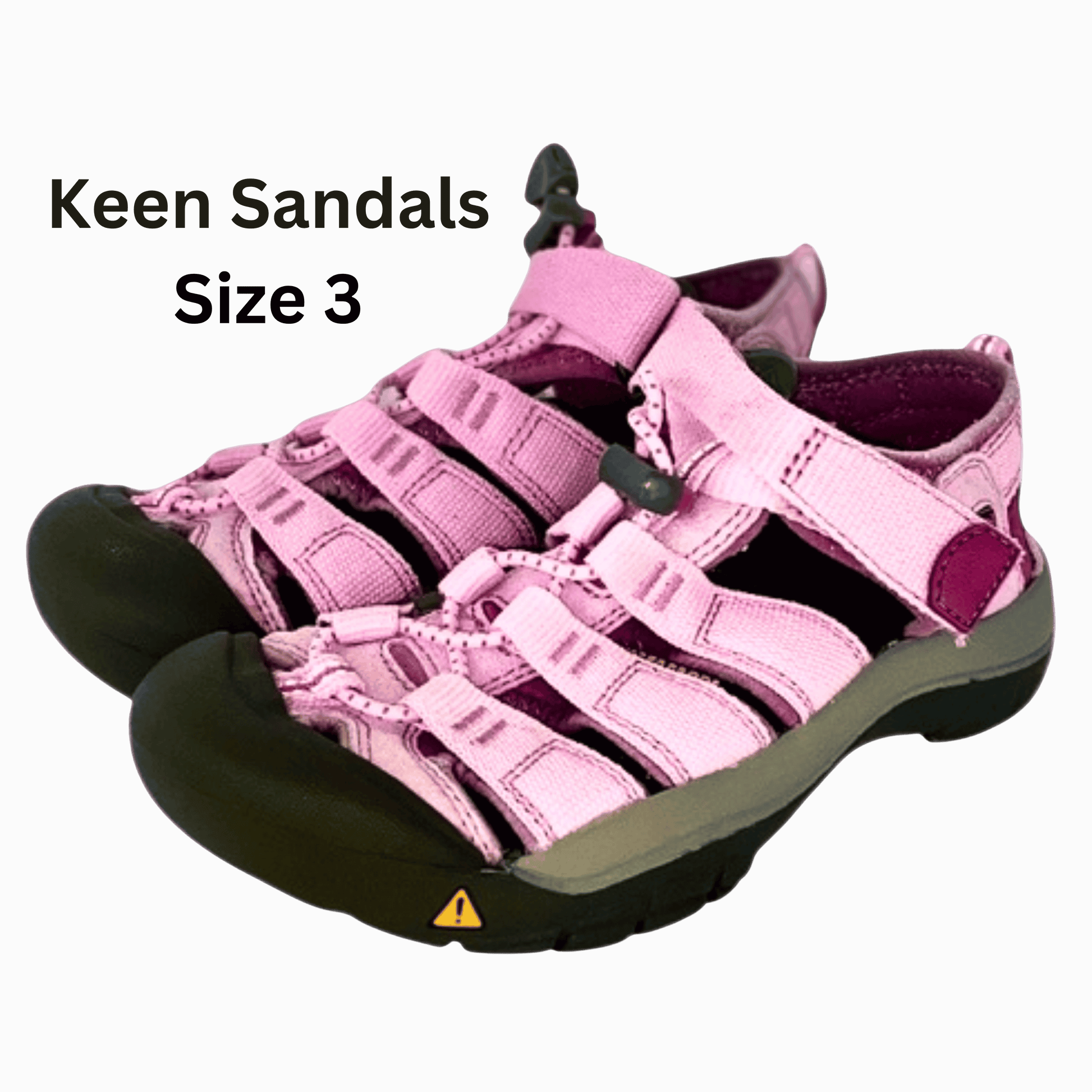 Pink Keen sandals with black soles on a gray background