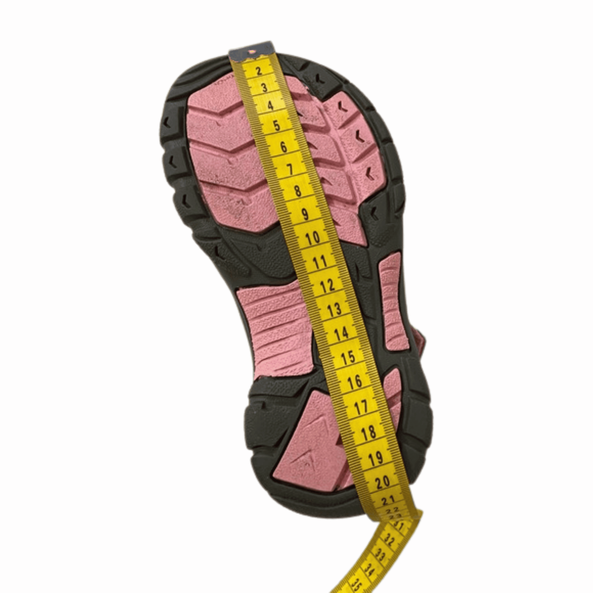 Shoe sole with measurement scale on a red background