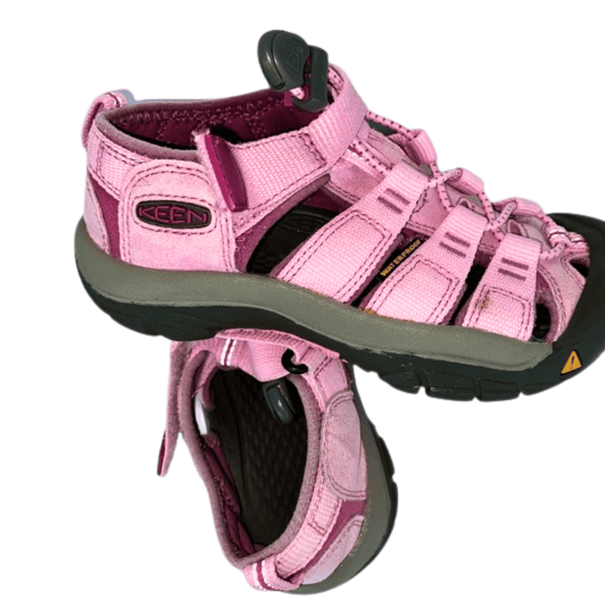 Pink children's sandals with a visible brand logo on a white background