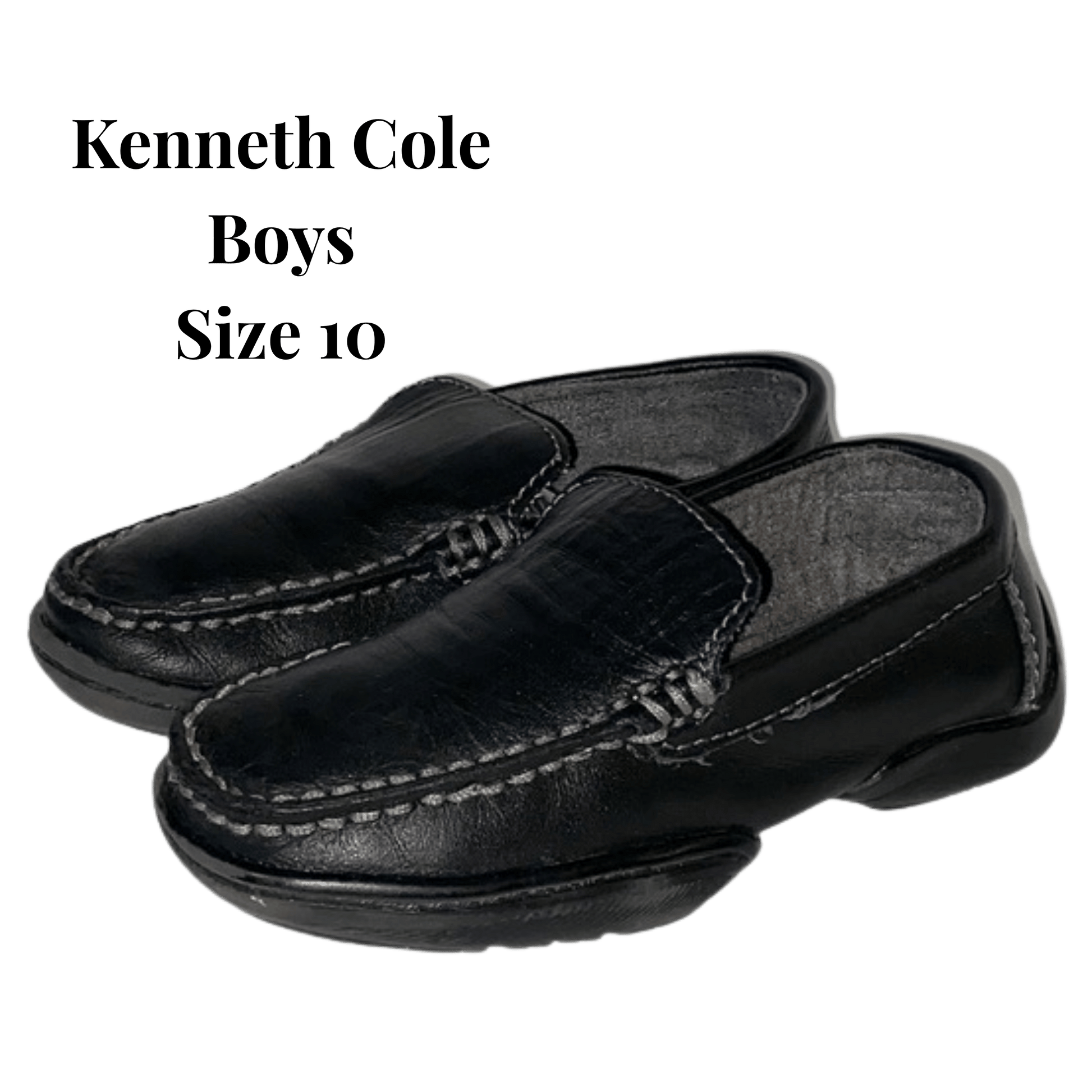 Black loafers with 'Kenneth Cole Boys Size 10' text on a transparent background