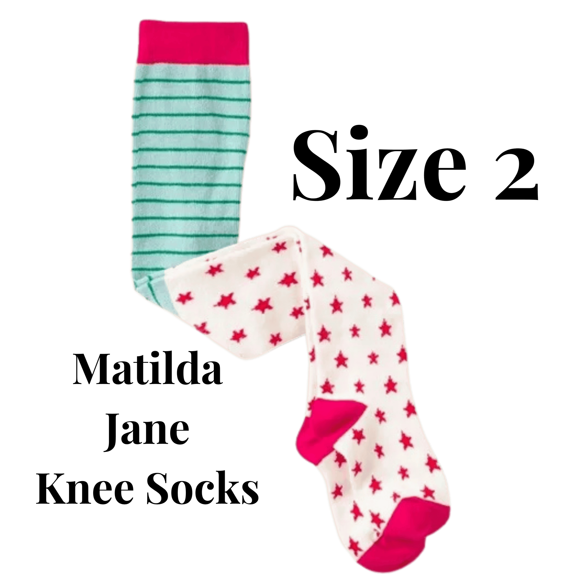 Two pairs of knee socks with different patterns on a green background, labeled 'Size 2' and 'Matilda Jane Knee Socks'.