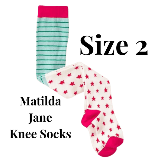 Two pairs of knee socks with different patterns on a green background, labeled 'Size 2' and 'Matilda Jane Knee Socks'.