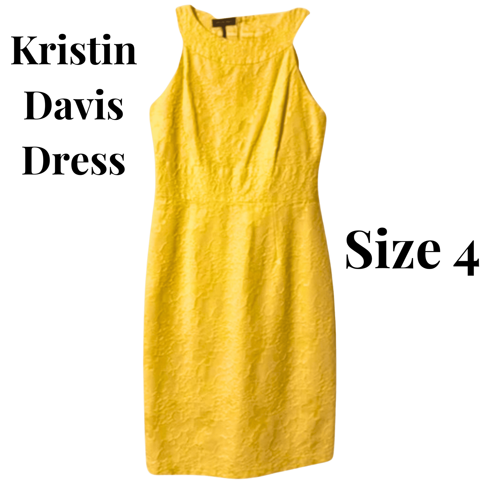 Yellow dress with 'Kristin Davis Dress' and 'Size 4' text on a green background