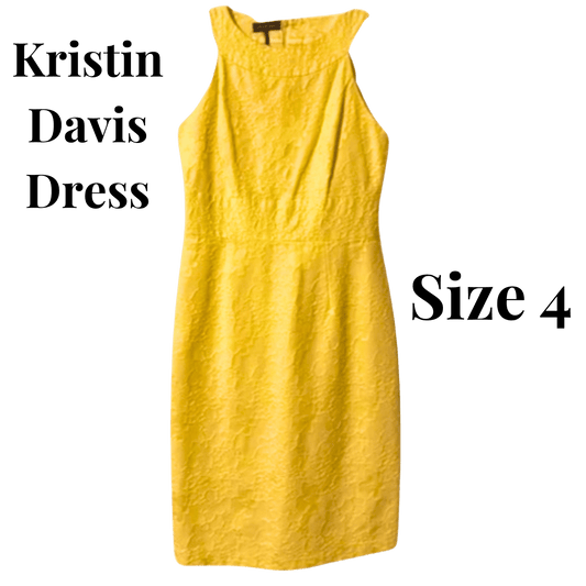 Yellow dress with 'Kristin Davis Dress' and 'Size 4' text on a green background