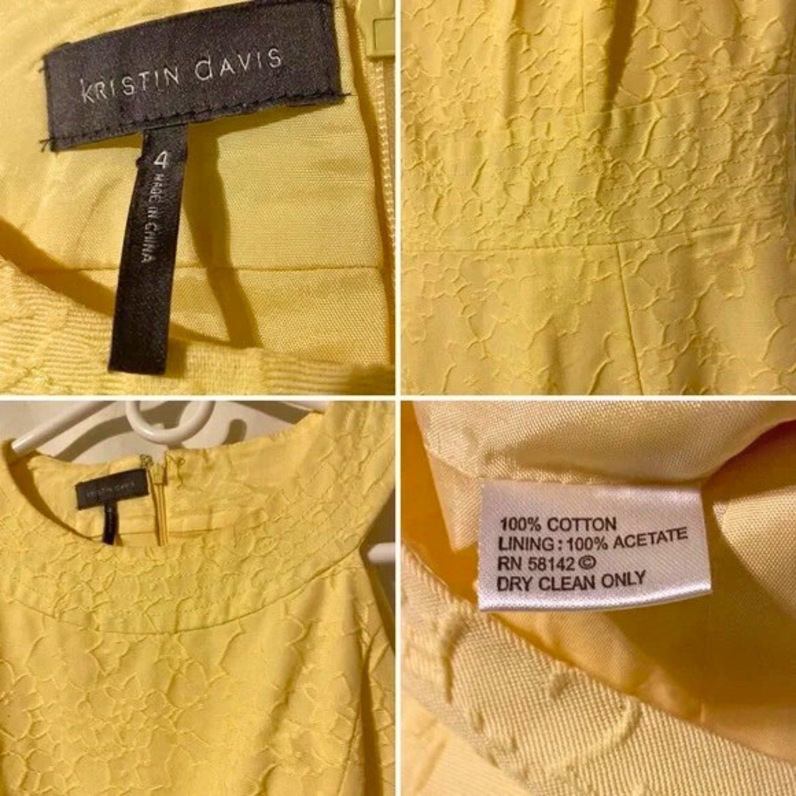 Collage of a yellow garment with brand label, texture details, and care label.