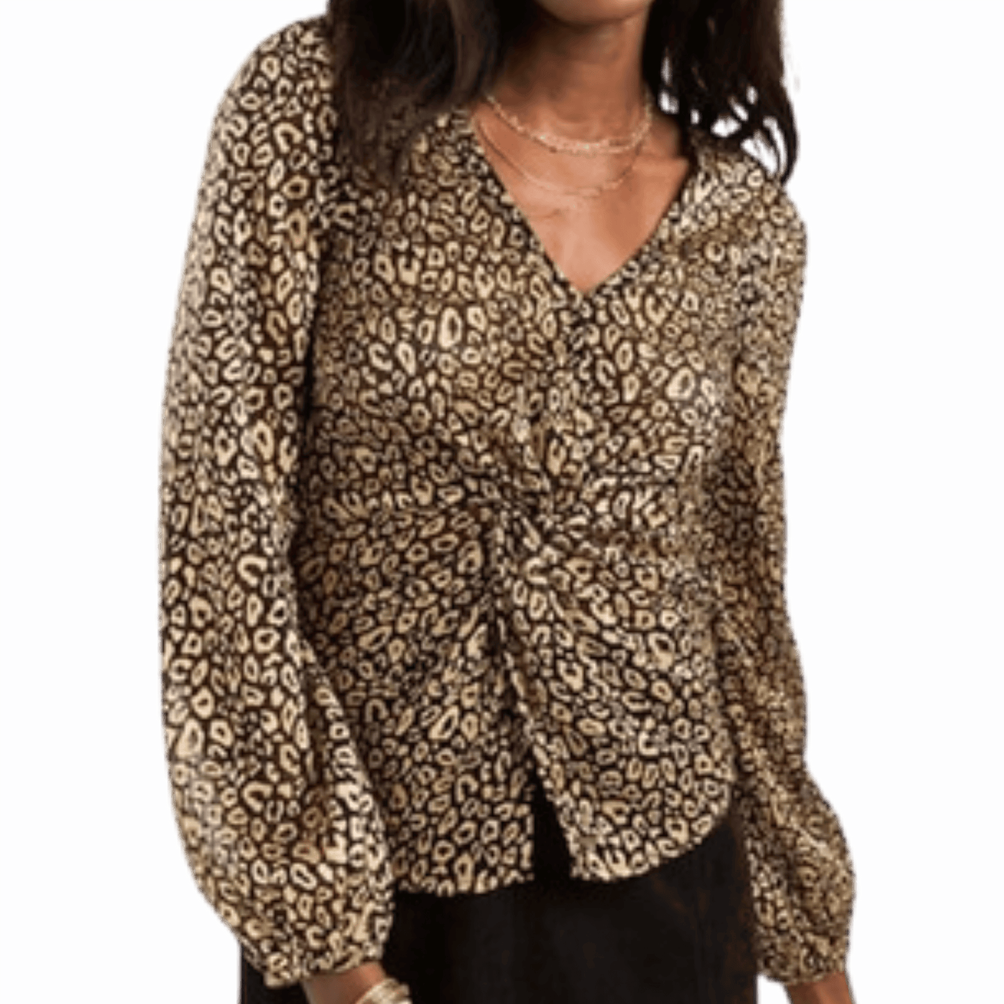Leopard print blouse worn by a person on a blue background