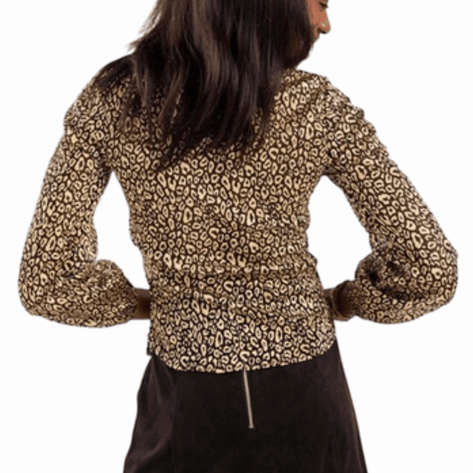 Person wearing a leopard print jacket on a black background