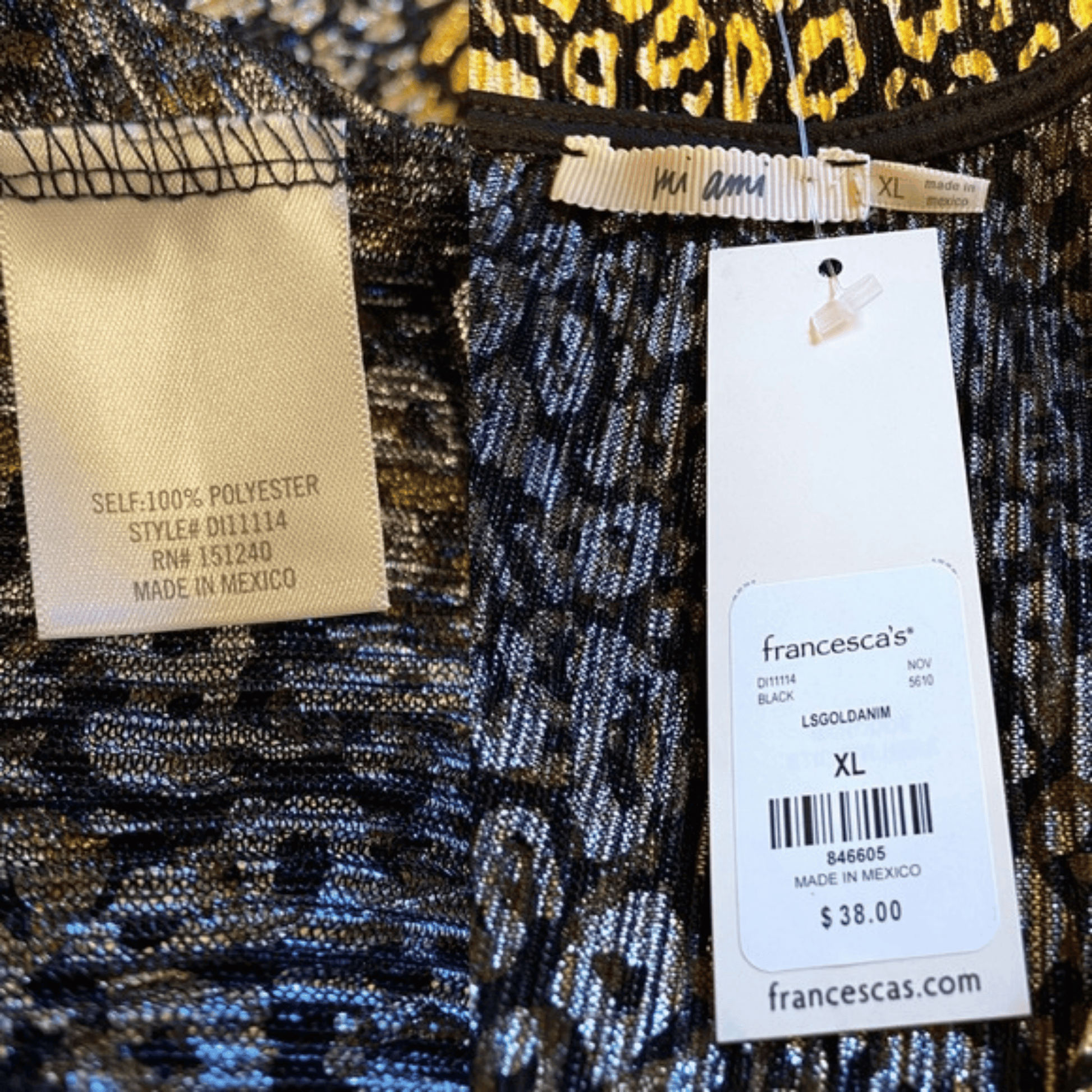 Close-up of a patterned fabric with a tag displaying 'francesca's' branding and product details.