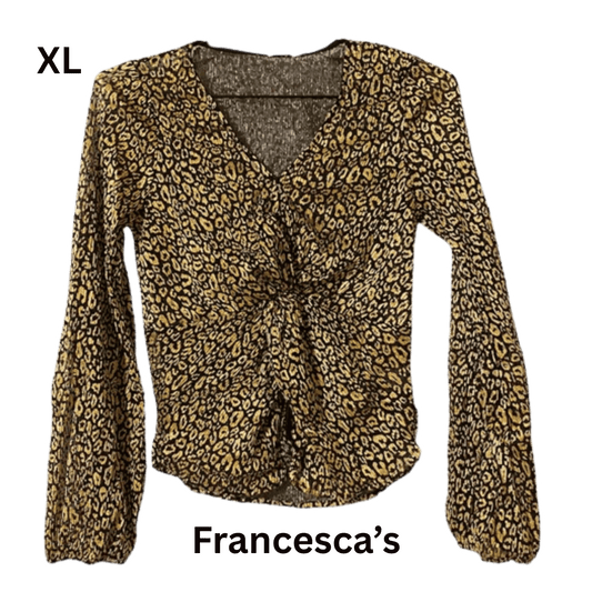 Leopard print blouse with a knot detail on a white background, labeled 'Francesca's'.