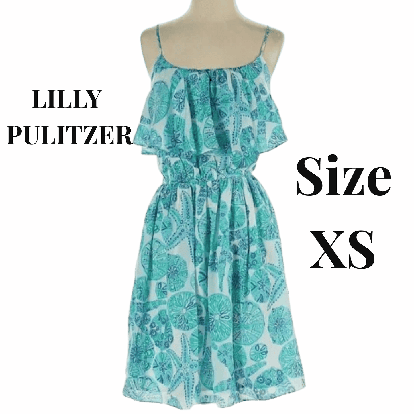 Teal patterned dress on a mannequin against a red background with 'LILLY PULITZER' and 'Size XS' text.