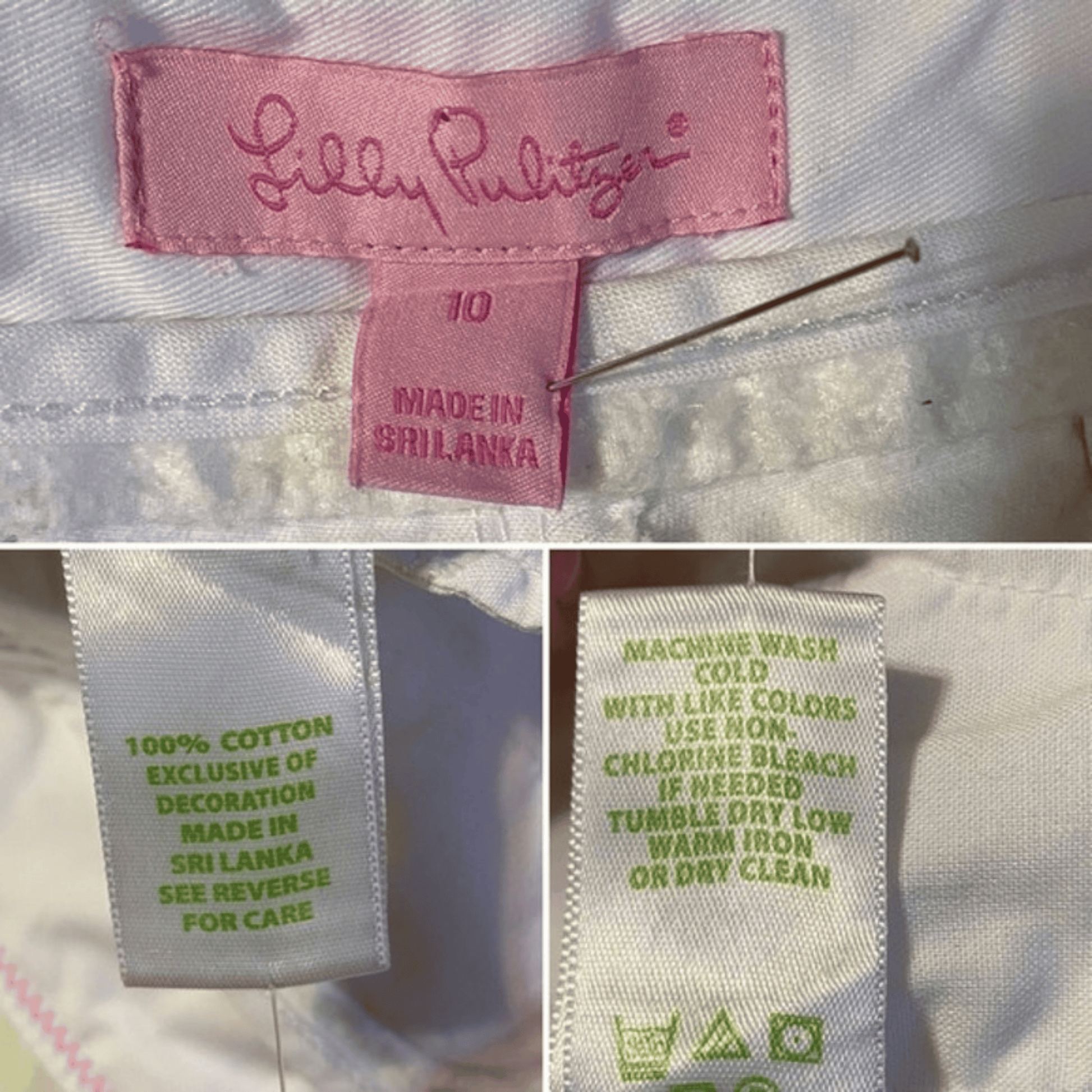 Collage of clothing labels with 'Lilly Pulitzer' branding and washing instructions.