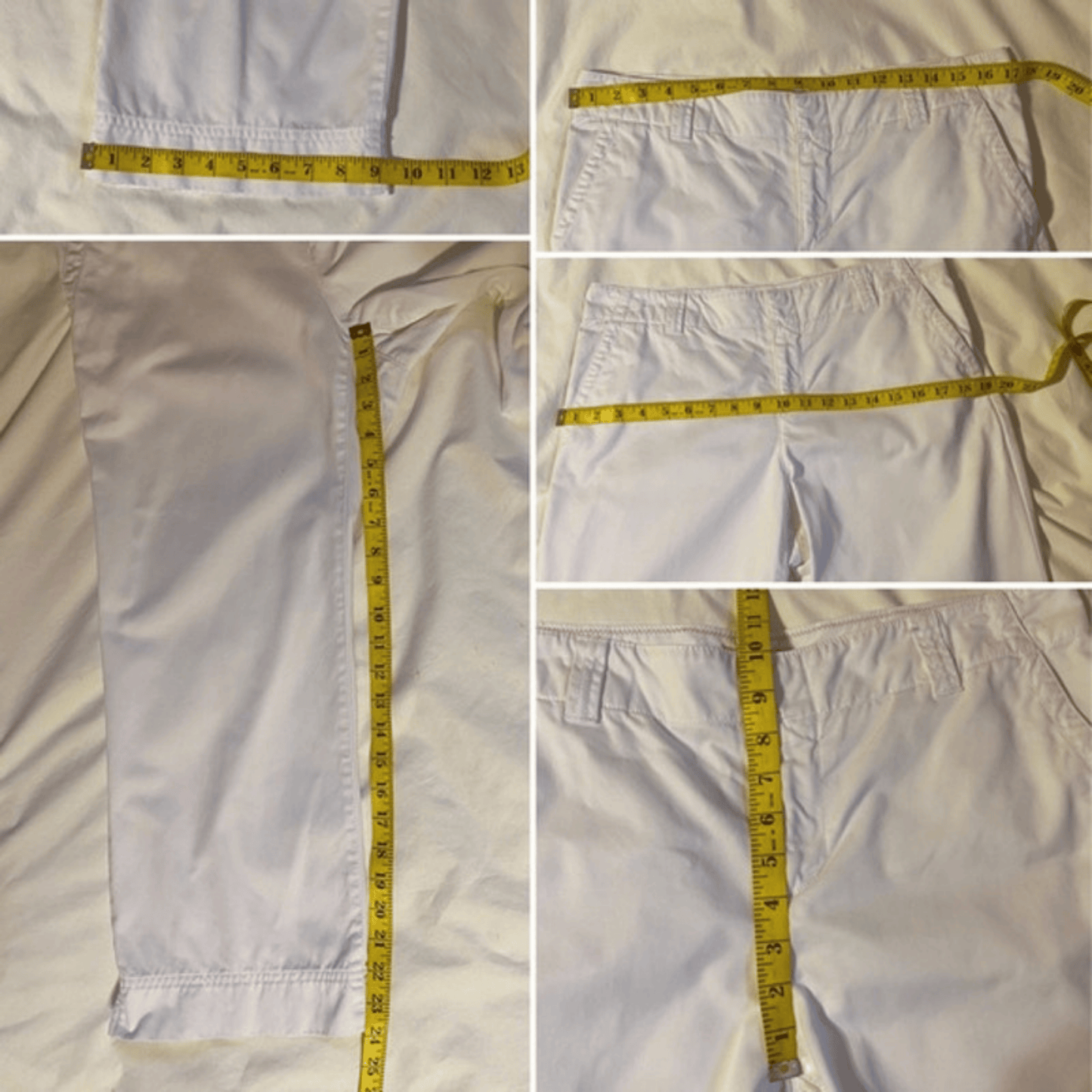 Collage of white pants with a yellow measuring tape indicating measurements.