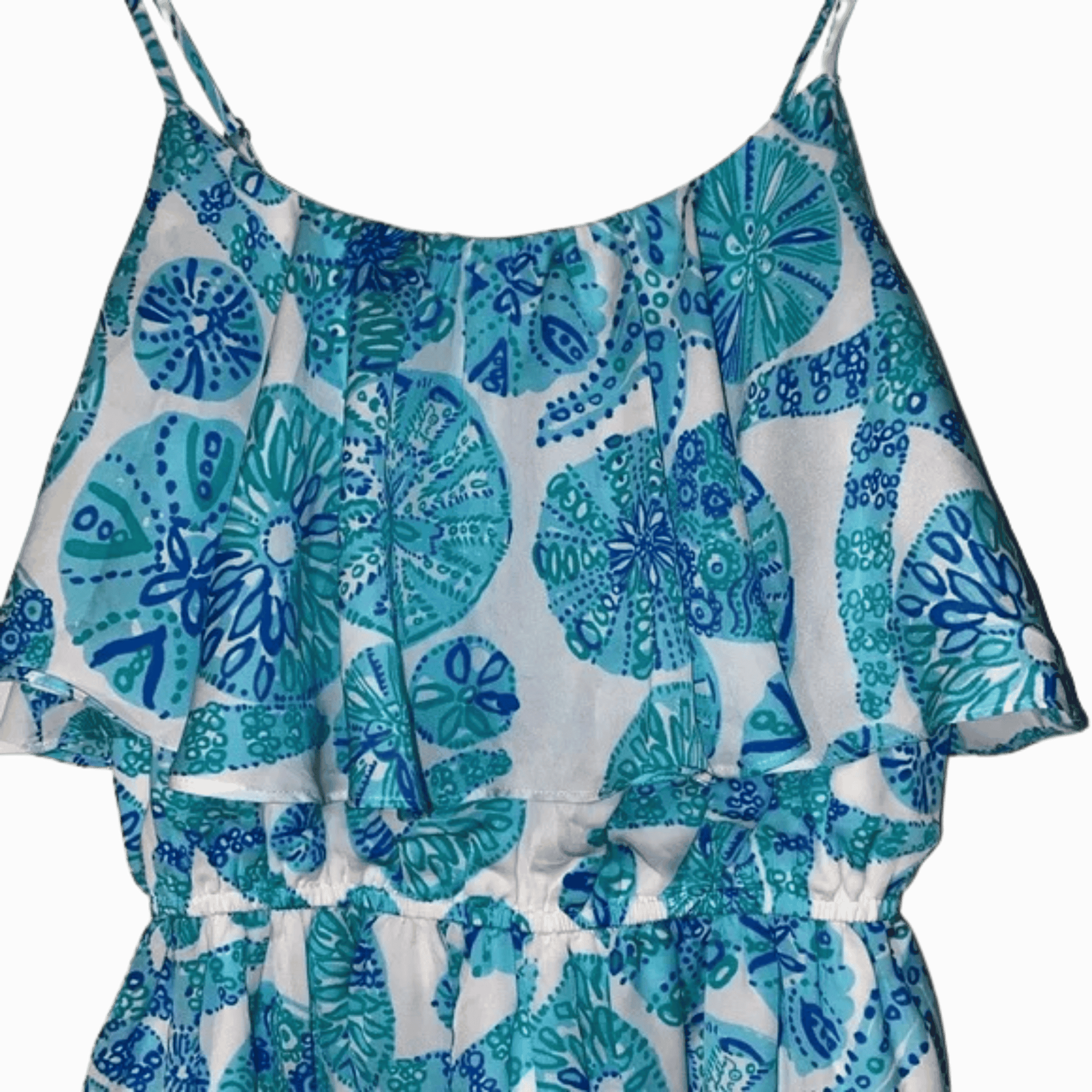 Blue and white floral patterned dress on a dark background