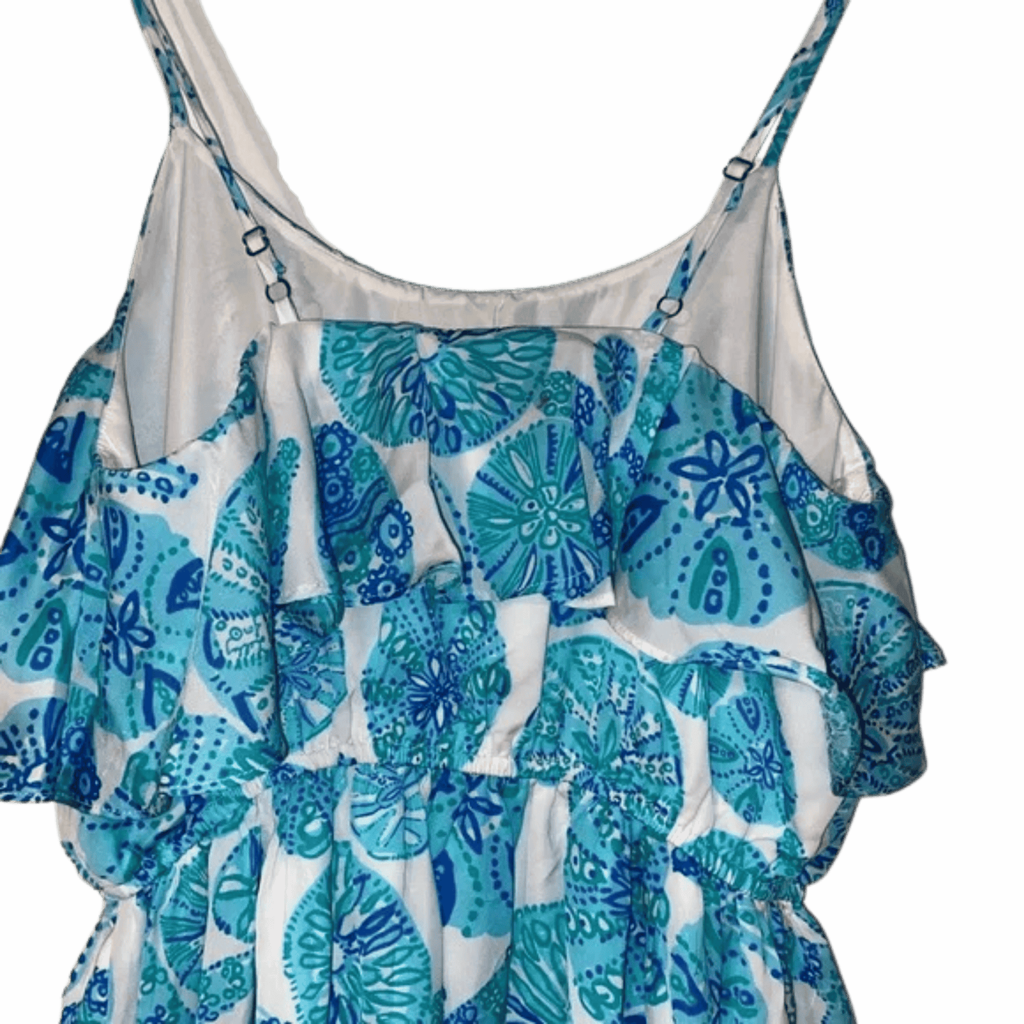 Blue and white patterned dress on a gray background