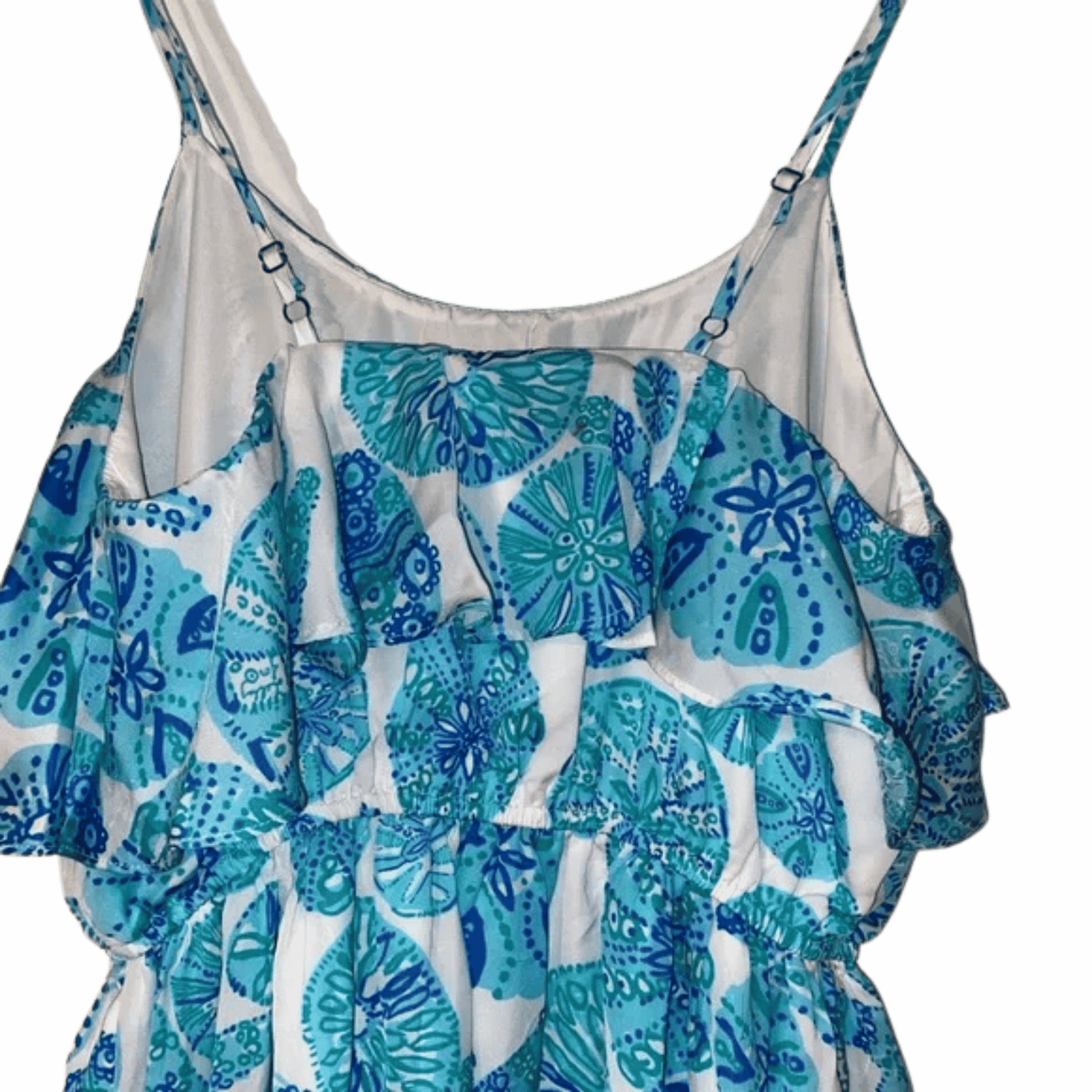 Blue and white patterned dress on a gray background