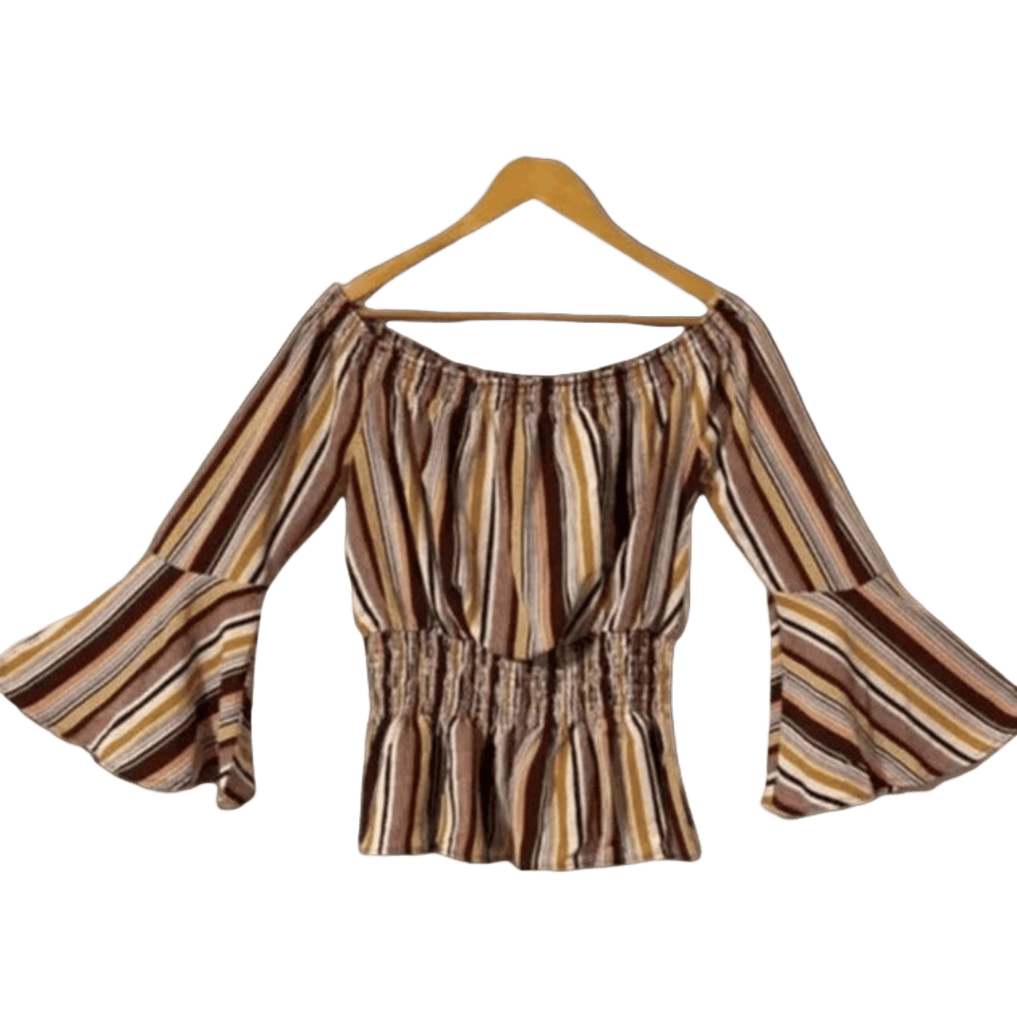 Striped blouse with long sleeves on a hanger against a transparent background