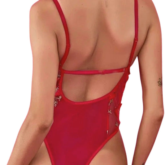 Red swimsuit with thin straps on a white background