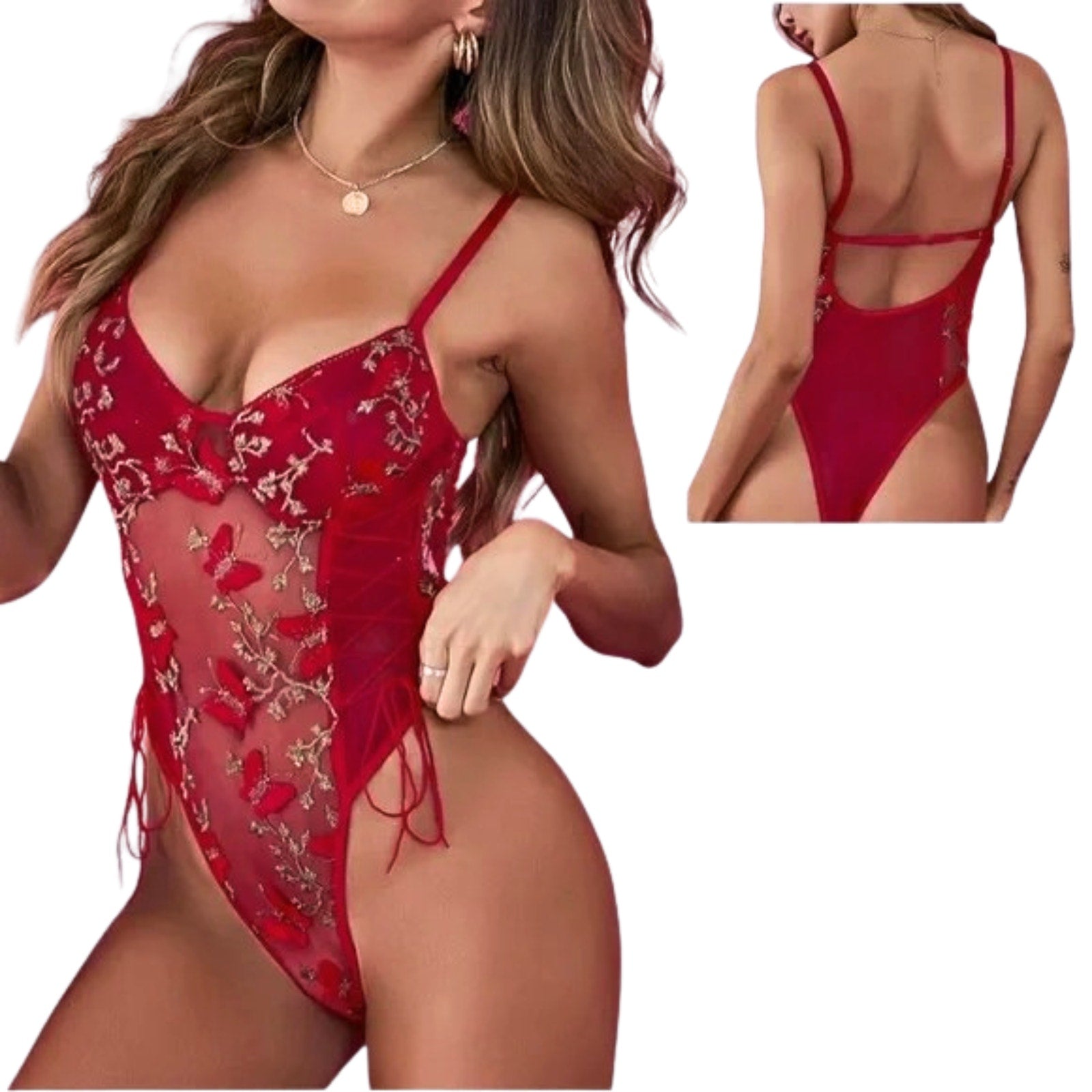 Red lace lingerie set with detailed embroidery on a white background