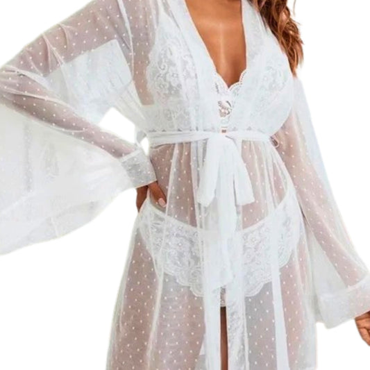 White lace robe with sheer sleeves on a white background