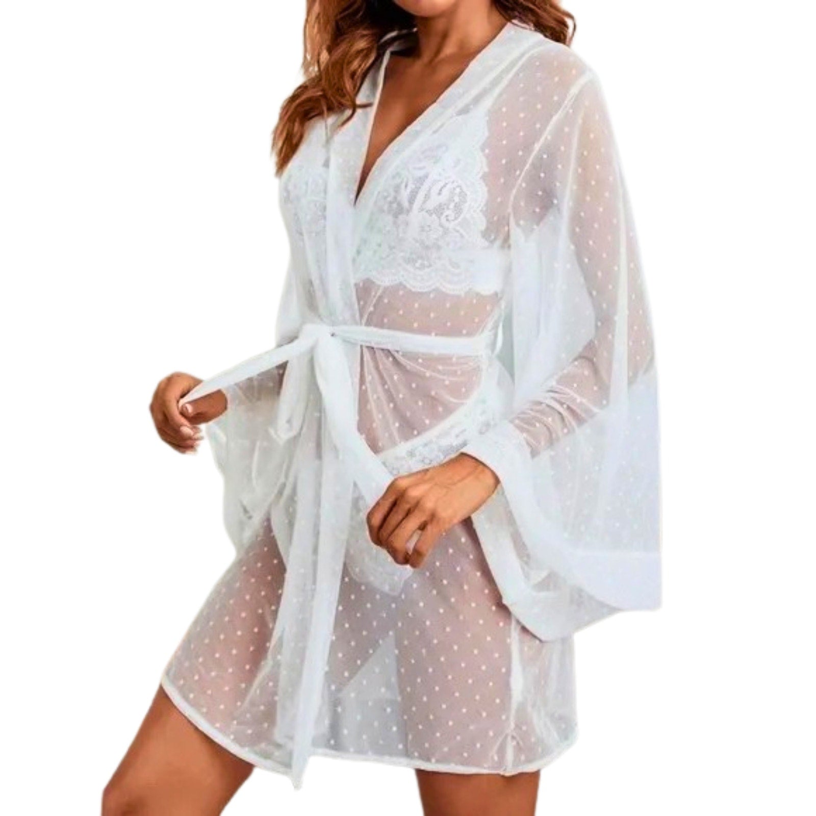 White sheer cover-up with polka dots on a white background