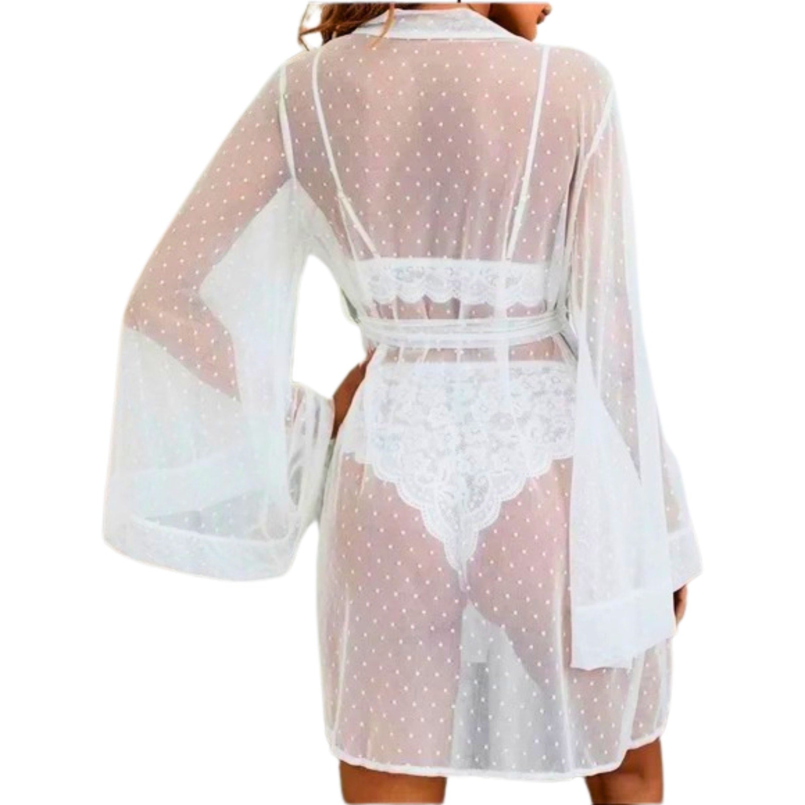 Sheer white lace robe with long sleeves on a white background
