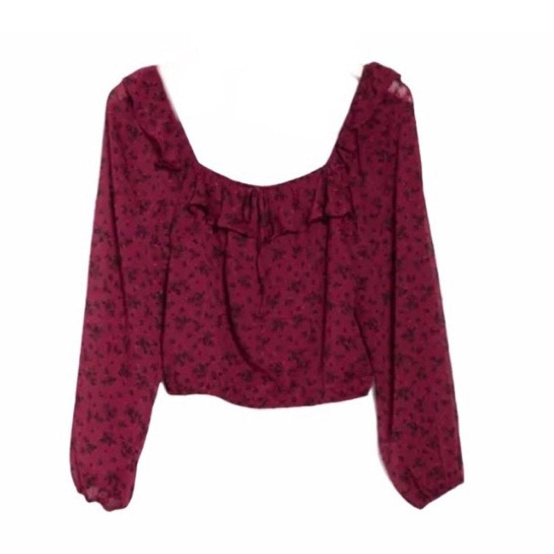 Large Trixxi Burgundy Peasant Ruffle Blouse Long