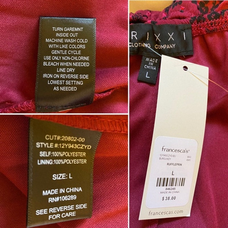 Clothing labels with care instructions and brand information on a red fabric background