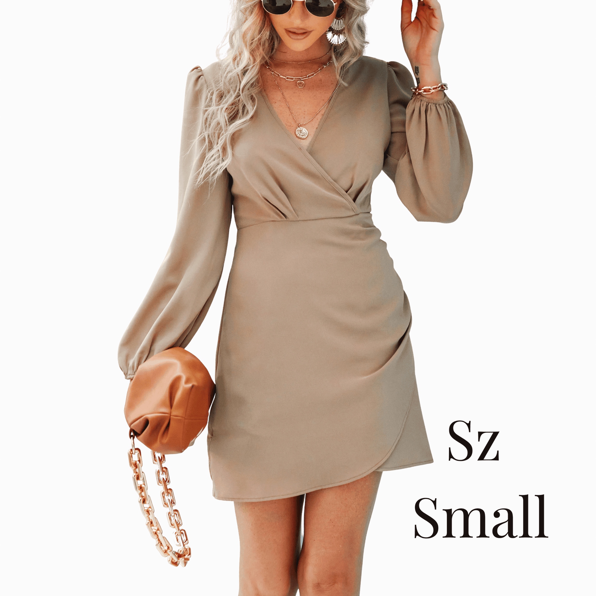 Woman wearing a beige dress holding a brown handbag on a gray background