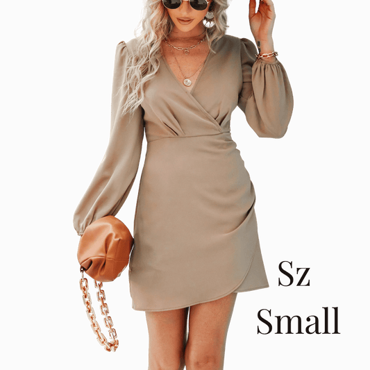 Woman wearing a beige dress holding a brown handbag on a gray background