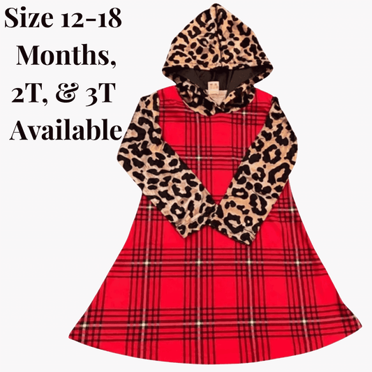 Red plaid dress with leopard print hood on a purple background