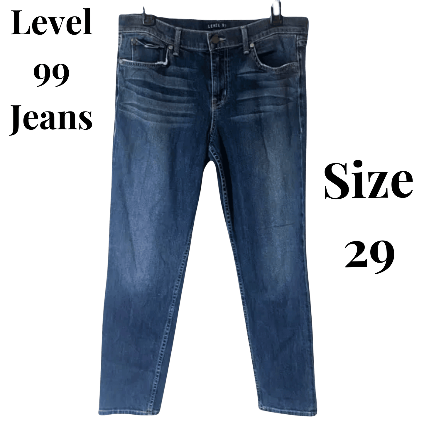 Blue jeans on a transparent background with 'Level 99 Jeans' text.