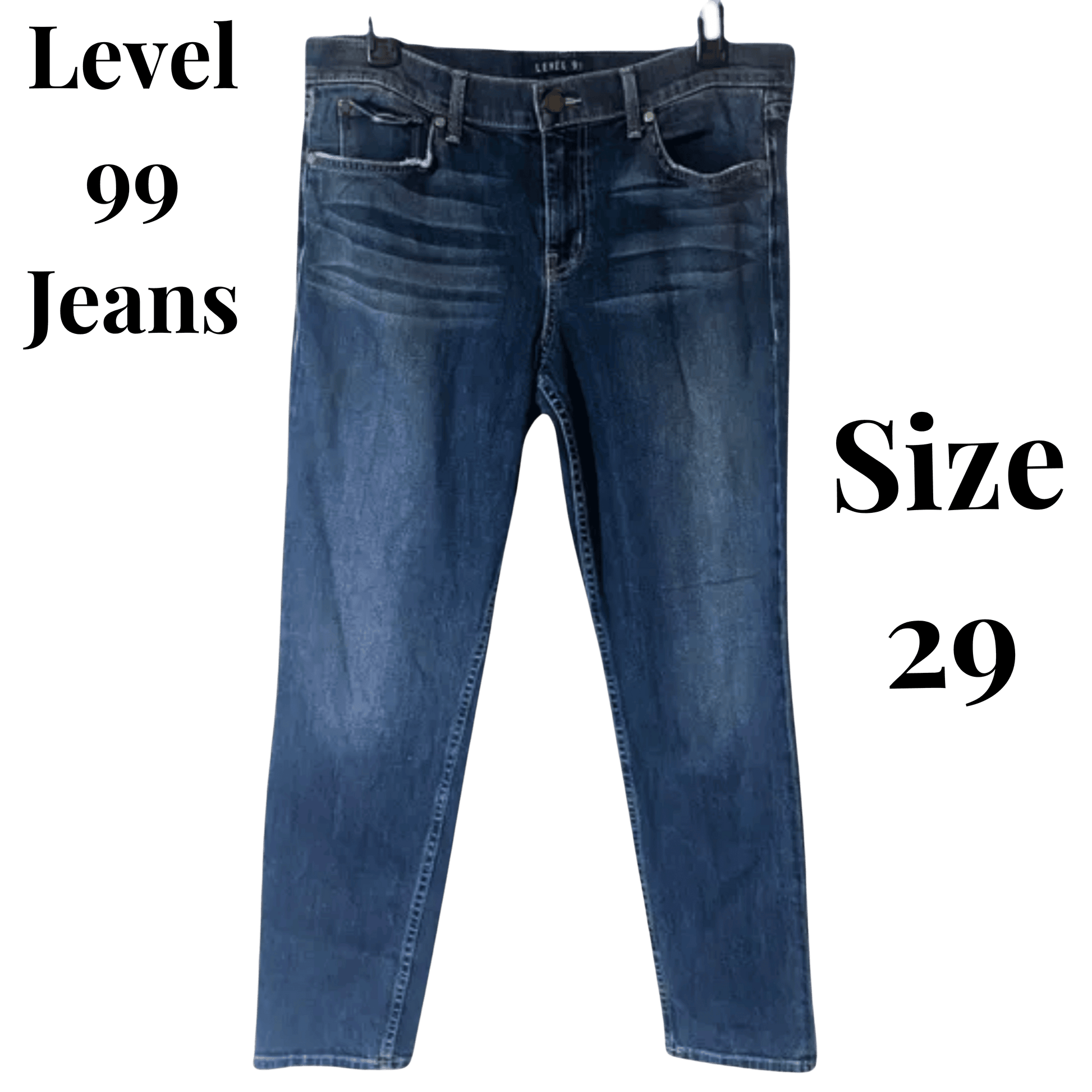 Blue jeans on a transparent background with 'Level 99 Jeans' text.