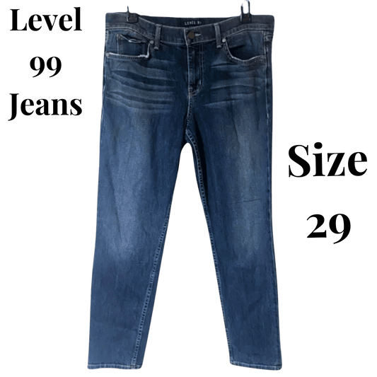Blue jeans on a transparent background with 'Level 99 Jeans' text.