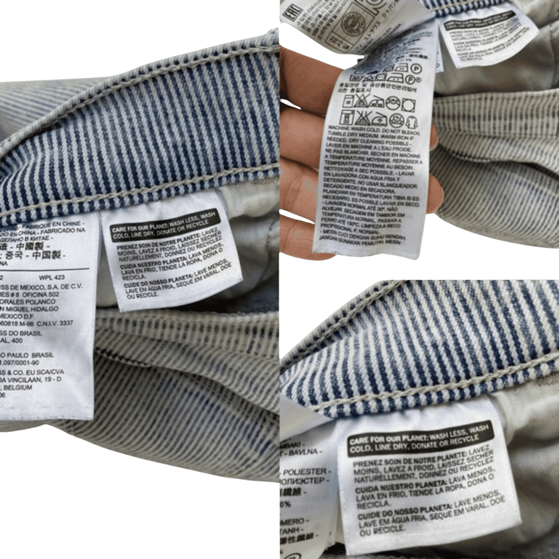 Close-up of clothing labels on a fabric background
