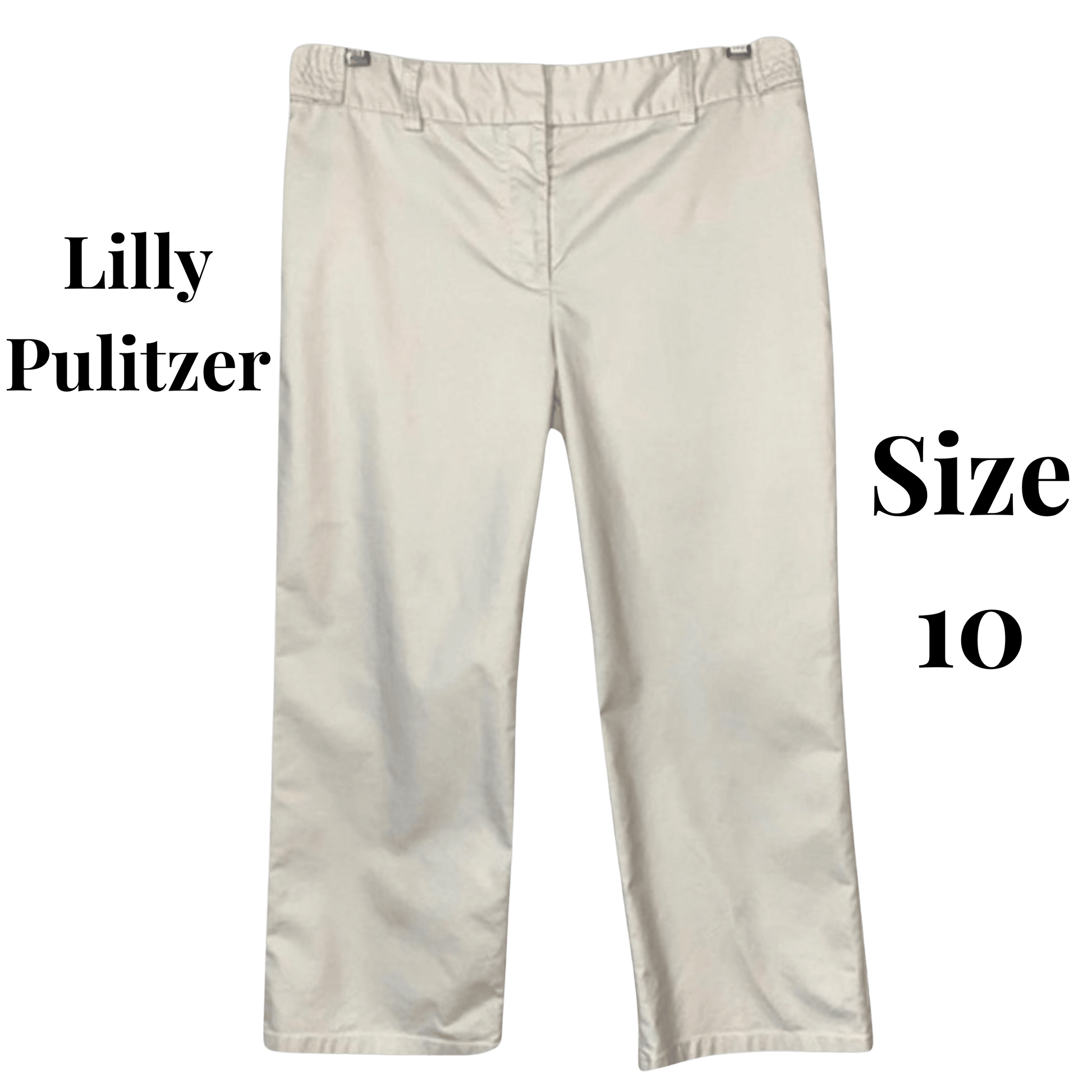 Beige pants with 'Lilly Pulitzer' branding and size '10' text on a green background