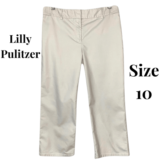 Beige pants with 'Lilly Pulitzer' branding and size '10' text on a green background