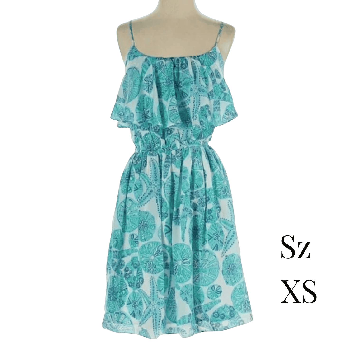 Teal and white floral dress on a mannequin with 'Sz XS' text.