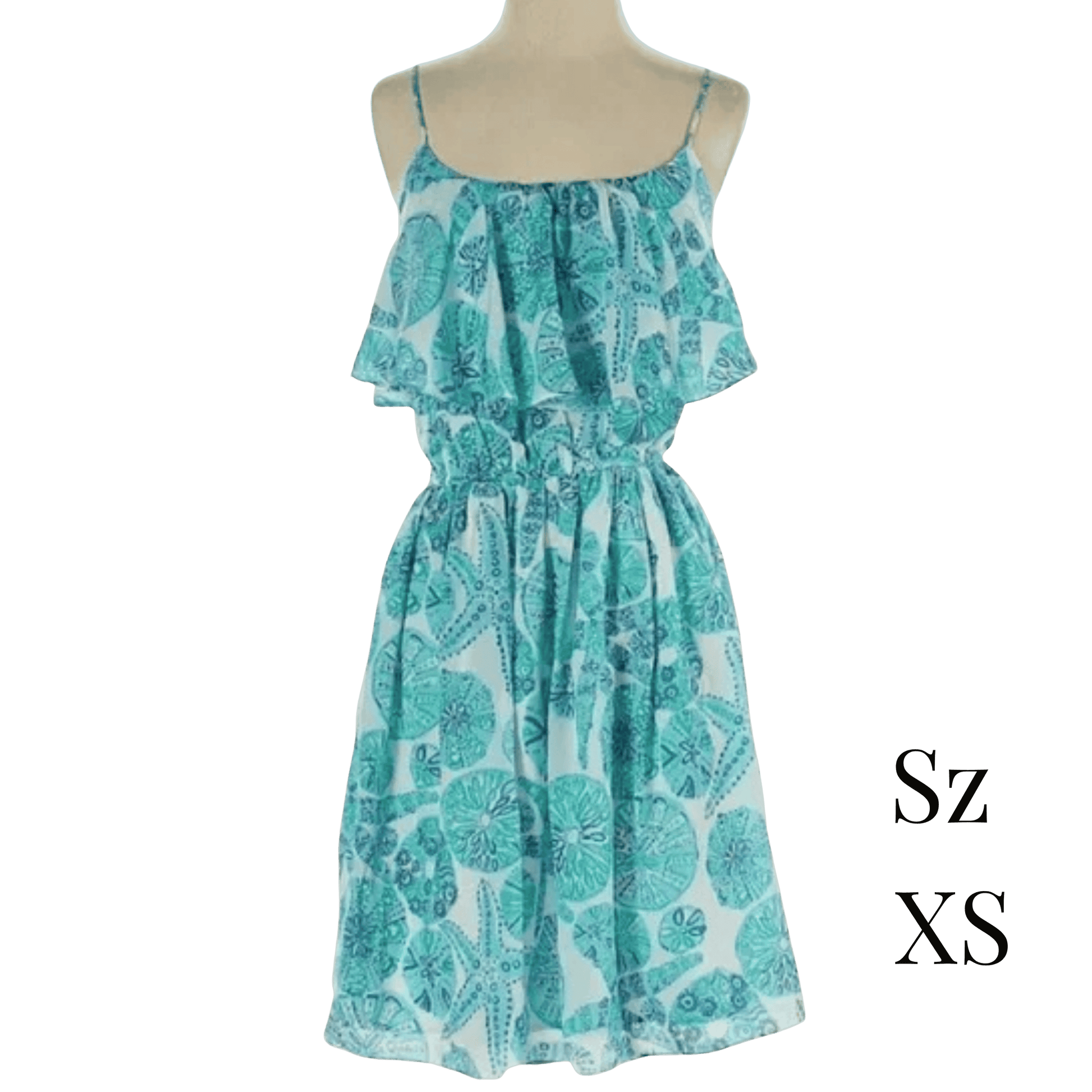 Teal and white floral dress on a mannequin with 'Sz XS' text.