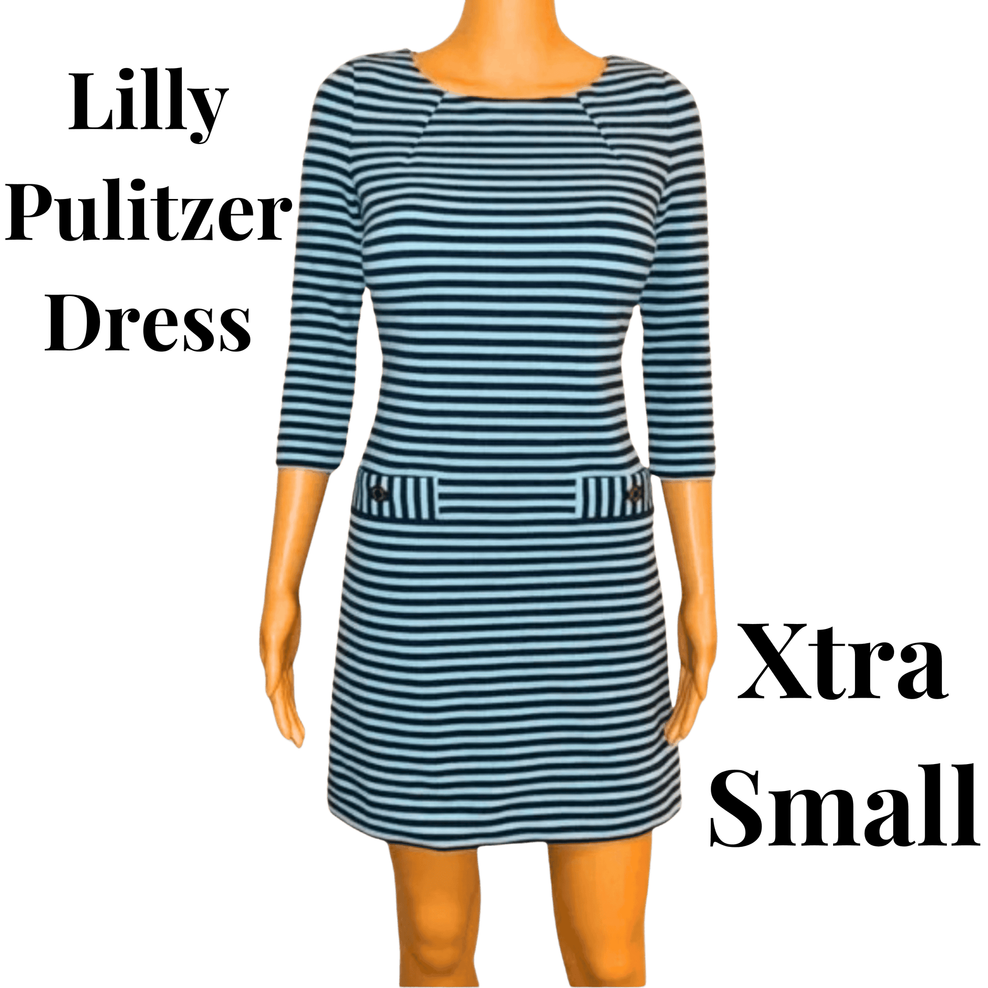 Mannequin wearing a striped dress with 'Lilly Pulitzer Dress' and 'Xtra Small' text on a white background.