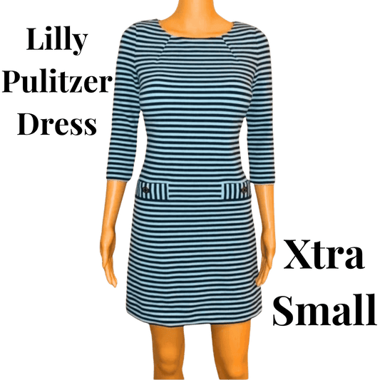 Mannequin wearing a striped dress with 'Lilly Pulitzer Dress' and 'Xtra Small' text on a white background.